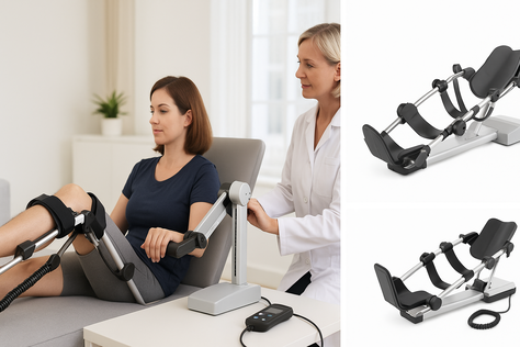 Frau mit medizinischem Knie-Trainingsgerät, betreut von einer Person in weißem Kittel, zusätzliche Ansicht des Geräts in einem hellen Raum